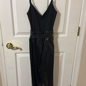 Womens Black Faux Leather High-Waist Jumpsuit